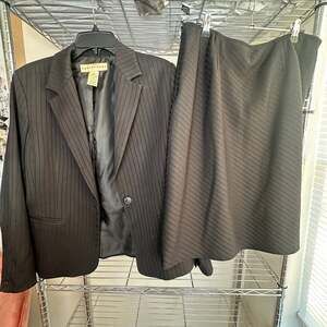 Apostrophe Women's Black Pinstripe Blazer and Skirt Suit Set, Size 12